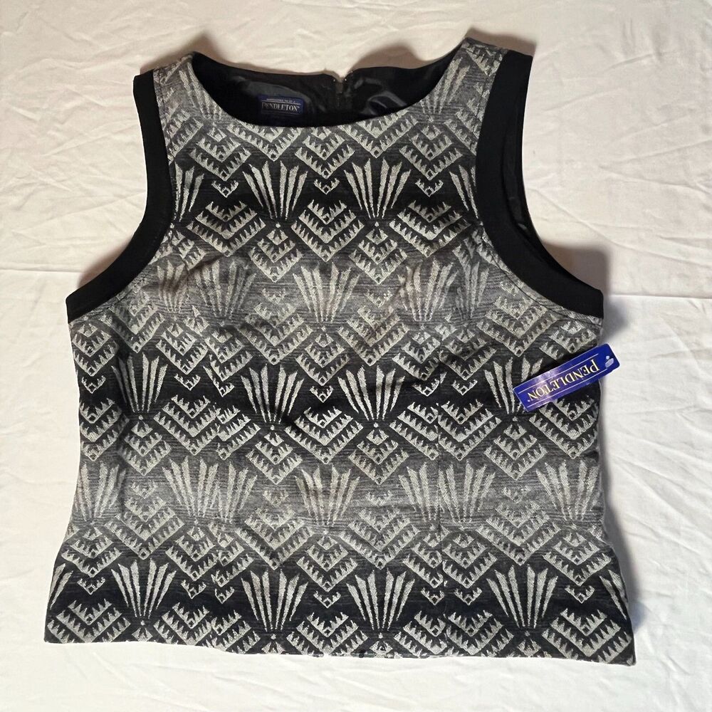 NWT Pendleton Sleeveless 100% Wool Top Geometric Print Womens 14 Black Gray Tank